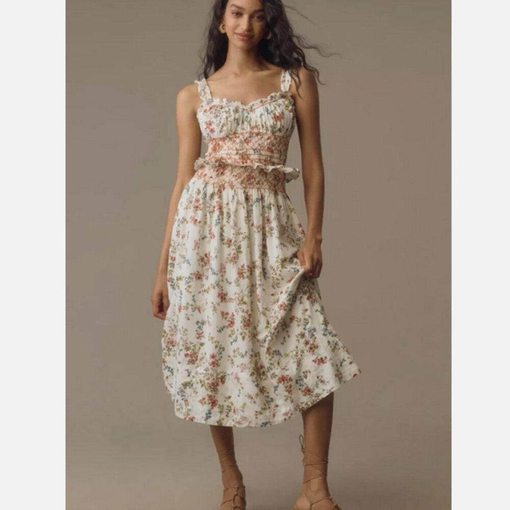 By Anthropologie Sleeveless Smocked-Waist Ruffled Midi dress Large Petite LP NWT